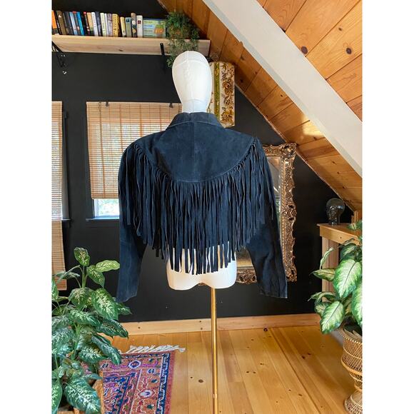 Leather Fringe Jacket Black Vintage - Picture 4 of 9